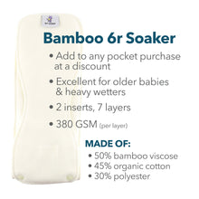 Load image into Gallery viewer, Bamboo 6r Soaker by kanga Care for use in the Rumaprooz One Size Cloth Pocket Diaper, features and material contents 
