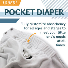 Load image into Gallery viewer, Rumparooz AWJ G3 One size Pocket Cloth Diaper fit babies from birth up through potty training, ranging from 6 lbs to 55 lbs+
