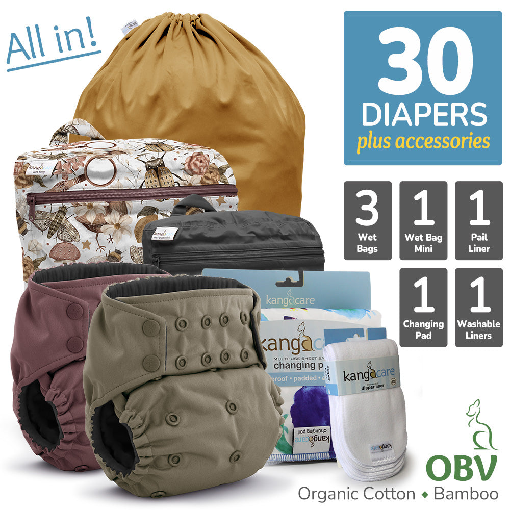 Kanga Care Rumparooz G3 OBV Cloth Diaper Bundle with Pail Liner, Wet Bags, Wet Bag Mini, Changing Pad and Cloth Diaper Liner