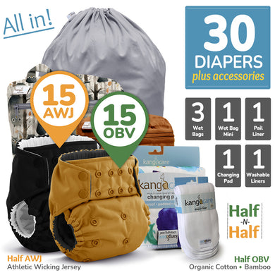 Kanga Care Rumparooz G3 AWJ Athletic WIcking Jersey Organic Bamboo Velour Cloth Diaper Bundle with Pail Liner, Wet Bags, Wet Bag Mini, Changing Pad and Cloth Diaper Liner