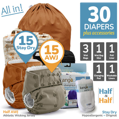 Kanga Care Rumparooz G3 Stay Dry AWJ Athletic Wicking Jersey Microchamois Cloth Diaper Bundle with Pail Liner, Wet Bags, Wet Bag Mini, Changing Pad and Cloth Diaper Liner
