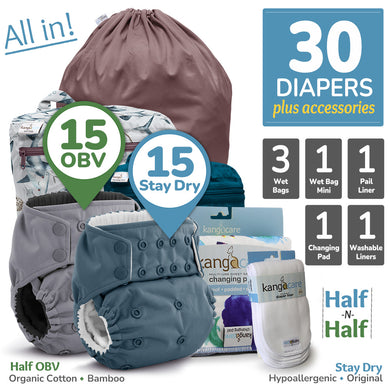 Kanga Care Rumparooz G3 Stay Dry  Hypo allergenic Organic Bamboo Velour Cloth Diaper Bundle with Pail Liner, Wet Bags, Wet Bag Mini, Changing Pad and Cloth Diaper Liner