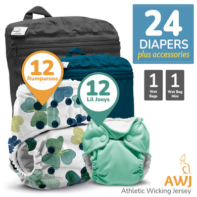 Kanga Care Rumparooz G3 AWJ Athletic Wicking Jersey Cloth Diaper Bundle and Newborn Lil Joey Cloth Diapers Wet Bag and Wet Bag Mini